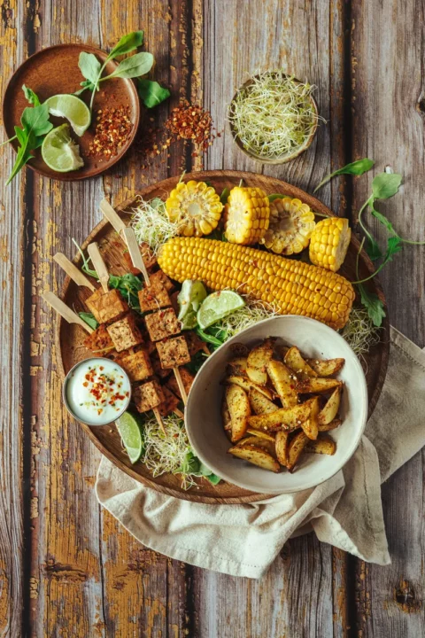 Tofu szaszłyki z pieczonymi ziemniakami