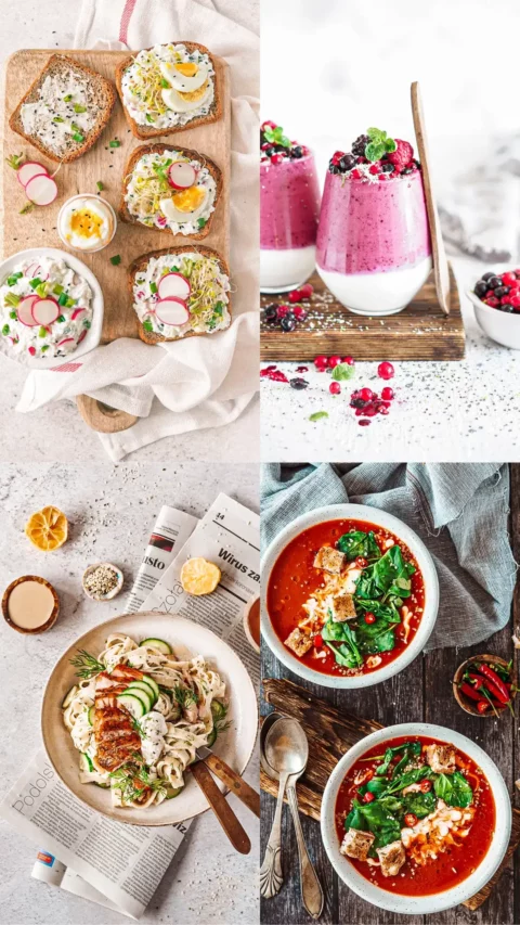Puzzlodieta - kanapki z pełnoziarnistym chlebem, jajkiem, rzodkiewką i kiełkami; smoothie z jagodami; makaron z kurczakiem; zupa pomidorowa ze szpinakiem.