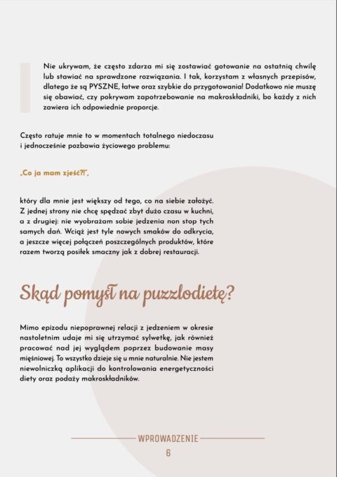 Wstęp do e-booka Puzzlodieta, opisujący zalety własnych przepisów oraz makroskładników.