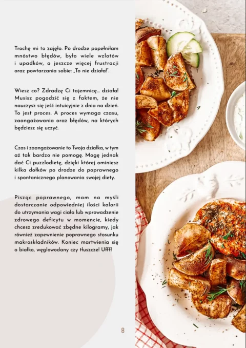 Fragment e-booka Puzzlodieta opisujący proces nauki jedzenia intuicyjnego oraz wyzwania związane z planowaniem diety.