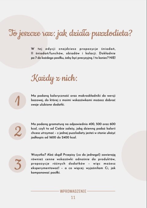 Opis działania Puzzlodiety, szczegółowe informacje o kaloryczności i makroskładnikach.