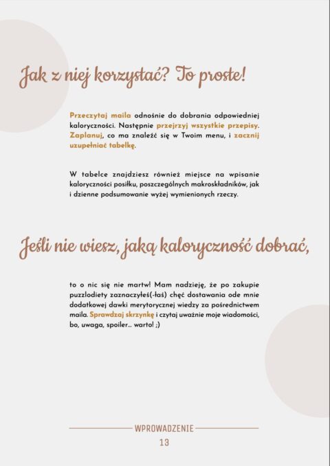 Ilustracja wyjaśnia, jak korzystać z puzzlodiety, z naciskiem na planowanie posiłków i uzupełnianie kaloryczności zgodnie z tabelą.
