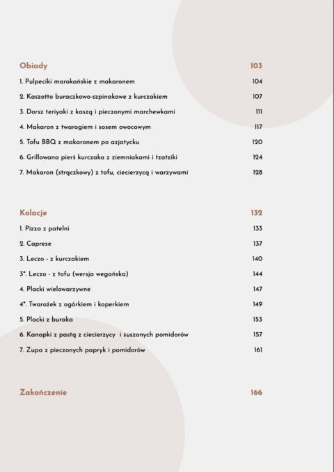 Kontynuacja spisu treści e-booka Puzzlodieta, z listą przepisów na obiady i kolacje.