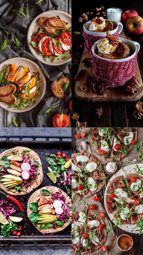 Puzzlodieta - sałatka z pomidorami i mozzarellą; mus z owocami; wrapy z warzywami i kurczakiem; pizza z mozzarellą i rukolą.