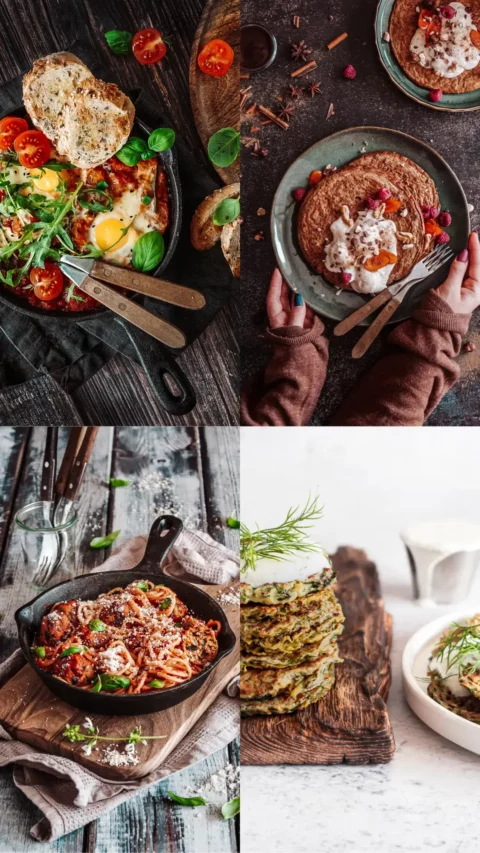 Puzzlodieta - jajka sadzone z pomidorami; naleśniki z owocami i orzechami; spaghetti z sosem pomidorowym; placki warzywne.