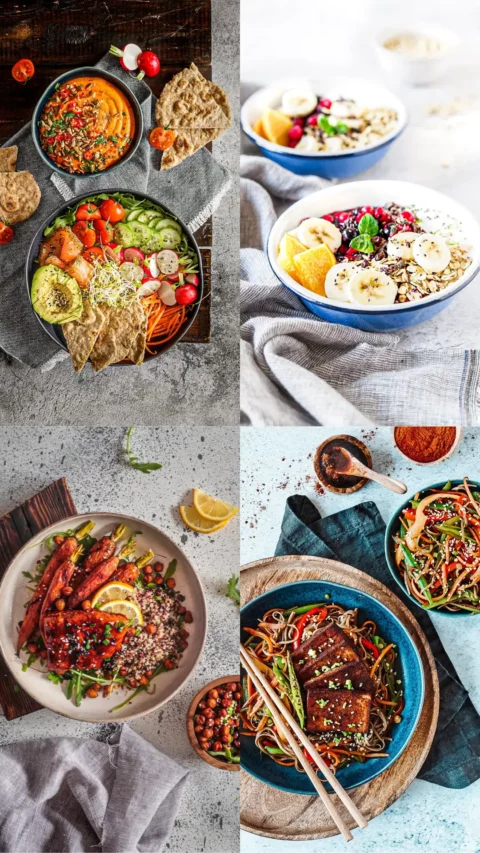 Puzzlodieta - hummus z warzywami; miska z warzywami i zbożami; pieczone warzywa z quinoa; stir-fry z tofu i warzywami.