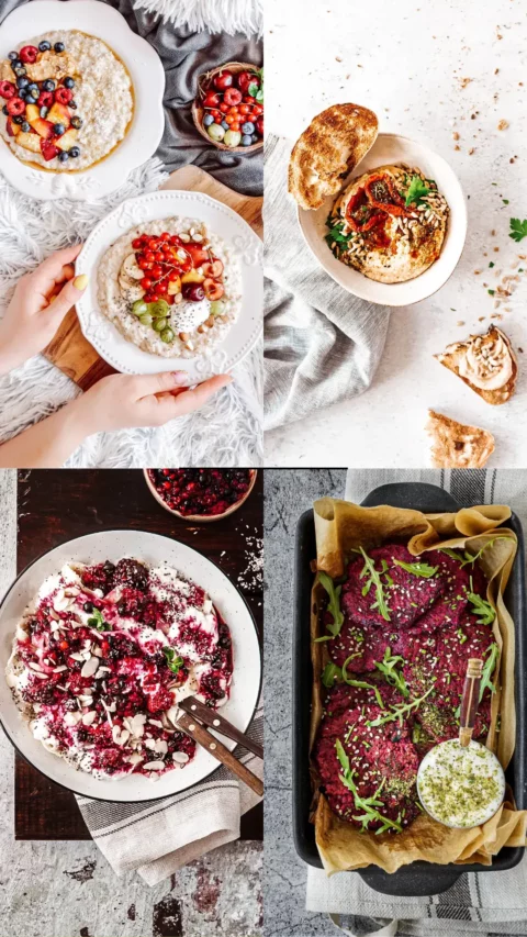 Puzzlodieta - owsianka z owocami i orzechami; hummus z pieczonymi pomidorami; sałatka z buraków i zbożami; zapiekanka buraczana z rukolą.