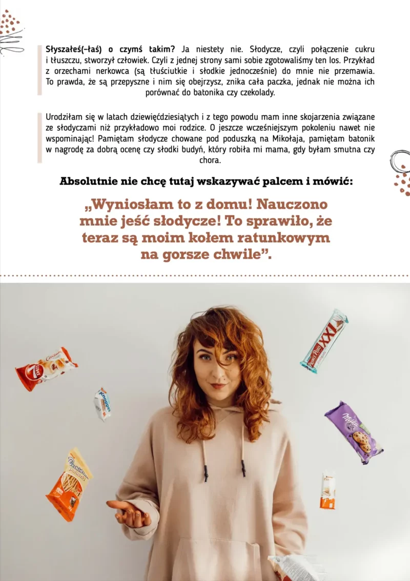 Strona ebooka Słodki Puzzel wyjaśniająca, jak podejść do jedzenia słodyczy z umiarem oraz zapobieganie nadmiernemu spożyciu.