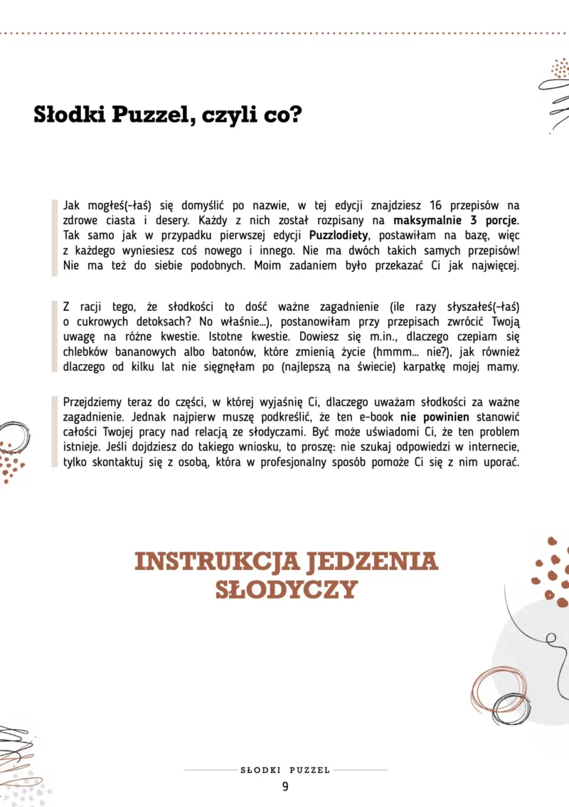 Strona ebooka Słodki Puzzel przedstawiająca wprowadzenie do koncepcji zdrowych deserów i przepisów na słodkości z maksymalnie trzema porcjami.