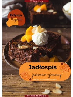 Okładka jadłospisu jesienno-zimowego – wersja pescowegetariańska z przepisem na brownie z dynią i bitą śmietaną