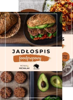 Okładka pakietu jadłospisów foodprep – burgery, awokado, makaron z tofu i warzywami, edycje Moniki Michalak i Wilkuchni