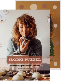 Okładka pakietu Puzzlodieta + Słodki Puzzel – kurs intuicyjnego jedzenia i ebook o słodyczach, kobieta z warzywami i deserem