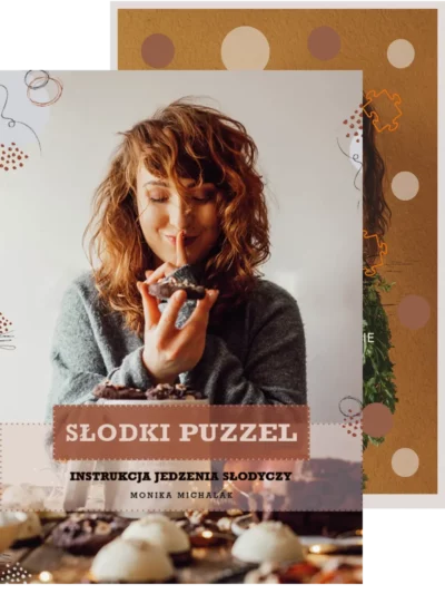 Okładka pakietu Puzzlodieta + Słodki Puzzel – kurs intuicyjnego jedzenia i ebook o słodyczach, kobieta z warzywami i deserem
