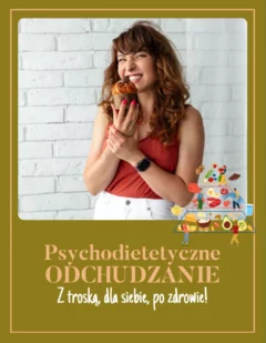 Okładka kursu Psychodietetyczne Odchudzanie – kobieta z muffinką, zdrowe podejście do odchudzania, z troską i bez presji