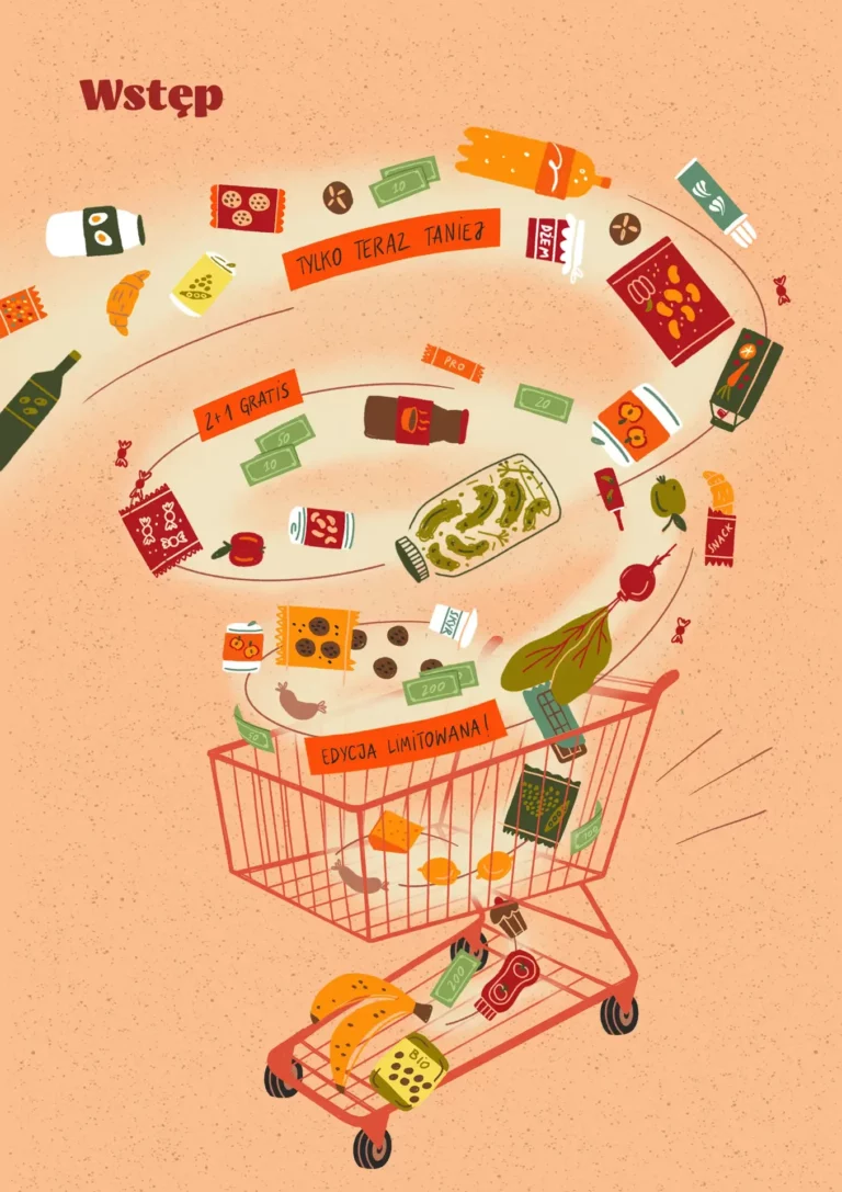 Infografika – chaos zakupowy. Produkty spożywcze i hasła promocyjne wylatują z wózka na zakupy, tworząc wir.