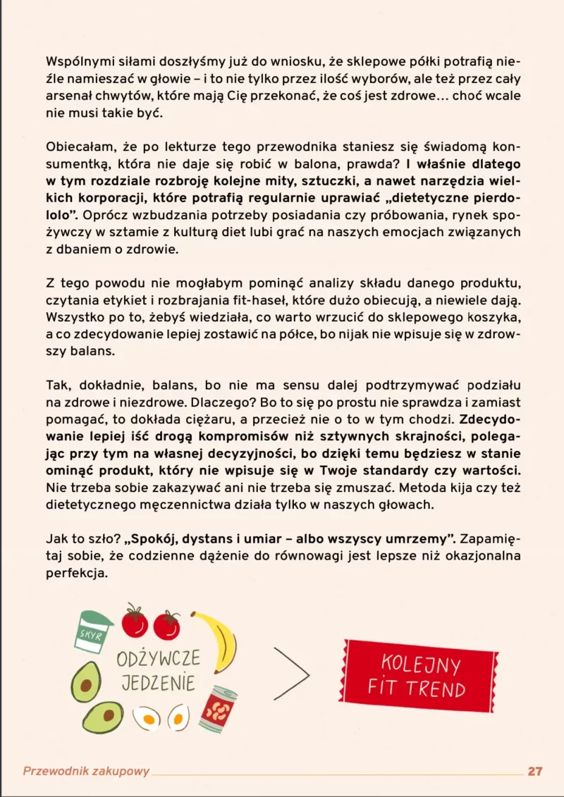 Infografika o równowadze w diecie. Zdrowe produkty prowadzą do napisu "Kolejny fit trend", symbolizując pułapkę podążania za modą w żywieniu.