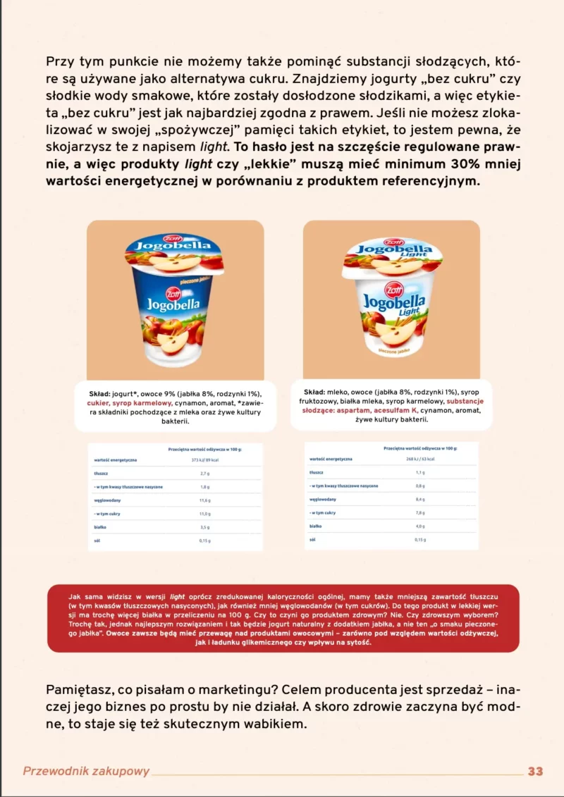 Porównanie etykiet jogurtów Jogobella: standardowego i light. Grafika zestawia skład i tabelę wartości odżywczych, pokazując różnice w kaloryczności i składnikach.