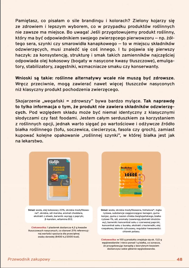 Porównanie składu wegańskich alternatyw: sera VioLife i roślinnego łososia BezRyby. Analiza składników pokazuje, że produkty roślinne nie zawsze są zdrowsze.