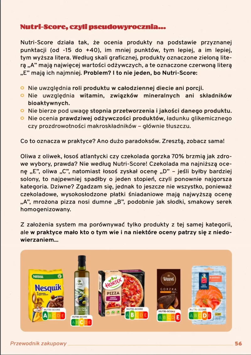 Strona z e-booka wyjaśniająca system Nutri-Score. Ilustruje wady i paradoksy systemu na przykładach produktów (płatki, pizza, kakao, łosoś) z ich ocenami.