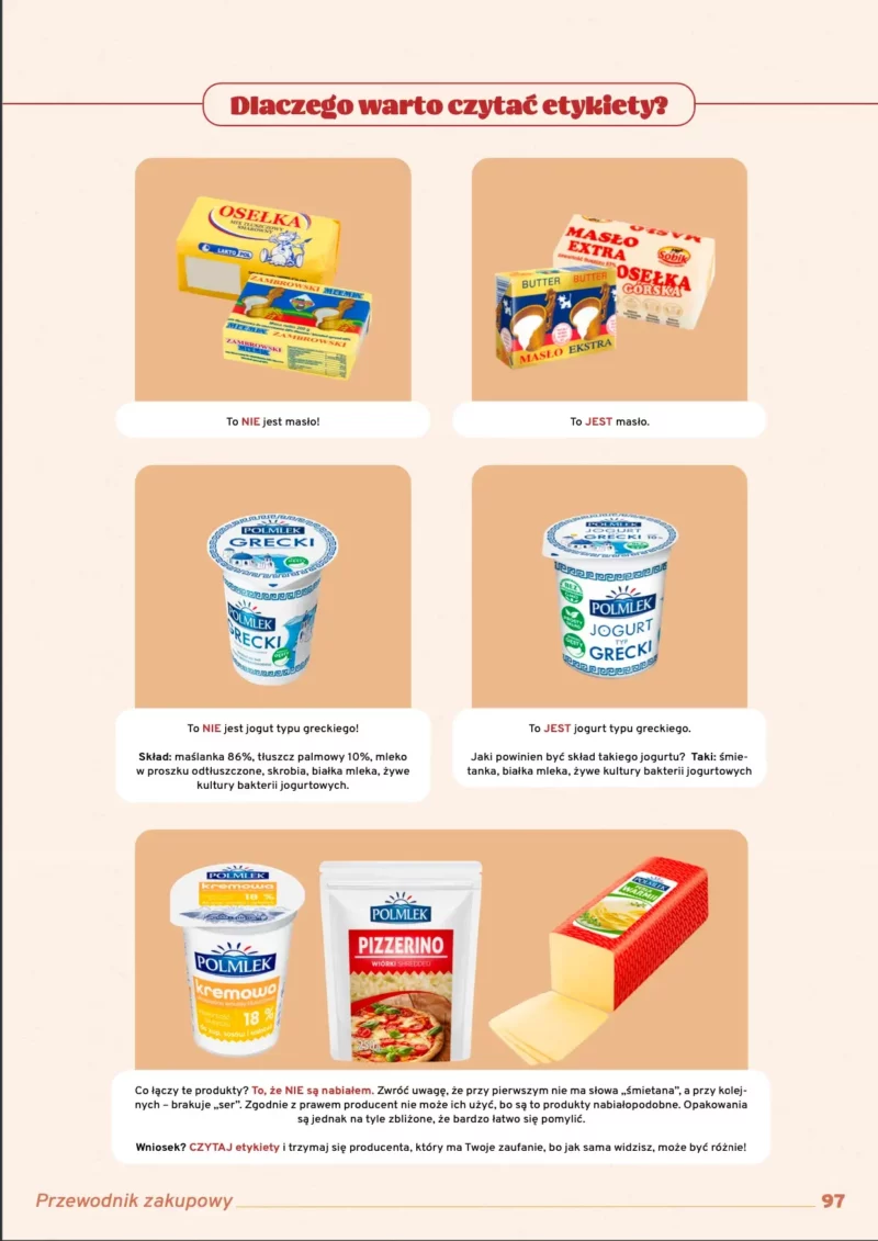 Infografika porównująca produkty: mix tłuszczowy i masło, jogurt typu greckiego i jogurt grecki. Pokazuje różnice w składzie i podkreśla wagę czytania etykiet.