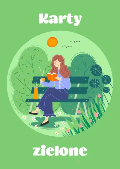 Spokojna ilustracja w odcieniach zieleni. Uśmiechnięta kobieta relaksuje się, siedząc na ławce w parku wśród roślin, pijąc ciepły napój z kubka i czytając książkę.