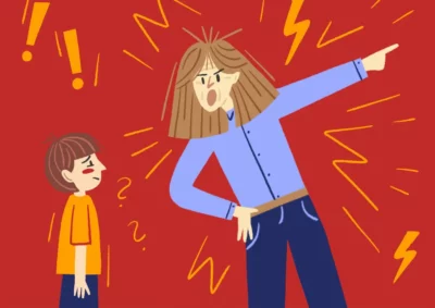 Ilustracja zdenerwowanej, krzyczącej kobiety wytykającej coś palcem. Obok niej stoi zdezorientowany i przestraszony mały chłopiec.