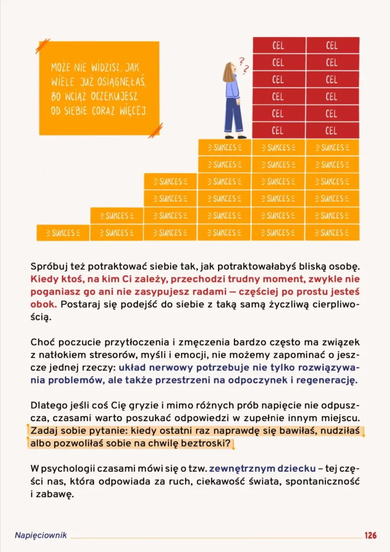 Strona 126 e-booka Napięciownik z ilustracją kobiety stojącej przed wysokimi schodami zbudowanymi z klocków 'sukces' i 'cel'. Obok znajduje się dymek z tekstem o niedocenianiu własnych osiągnięć.