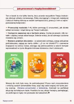 Strona 15 e-booka Napięciownik z instrukcją pracy. Widoczne są trzy grafiki kart: zielone dla relaksu, żółte dla sygnałów ostrzegawczych i czerwone dla stanu wysokiego napięcia.