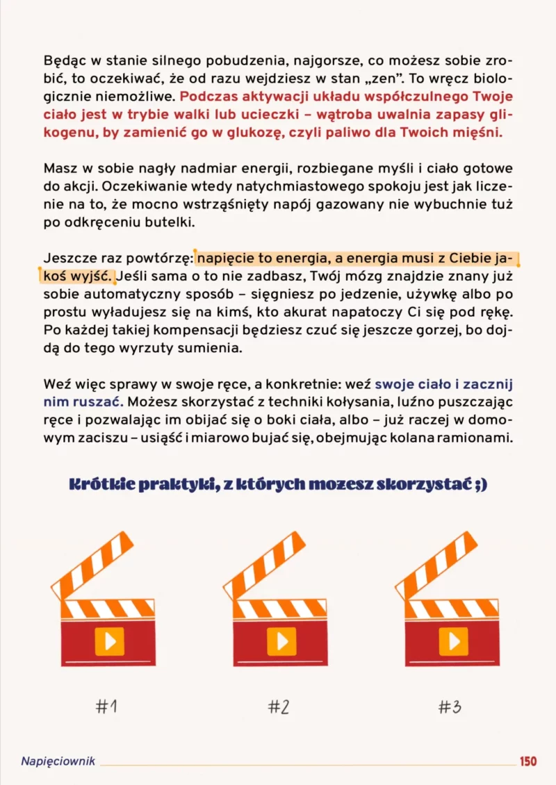 Strona 150 e-booka Napięciownik opisująca potrzebę fizycznego uwolnienia nagromadzonej energii. Na dole widać trzy ilustracje pomarańczowych klapsów filmowych symbolizujących krótkie praktyki.