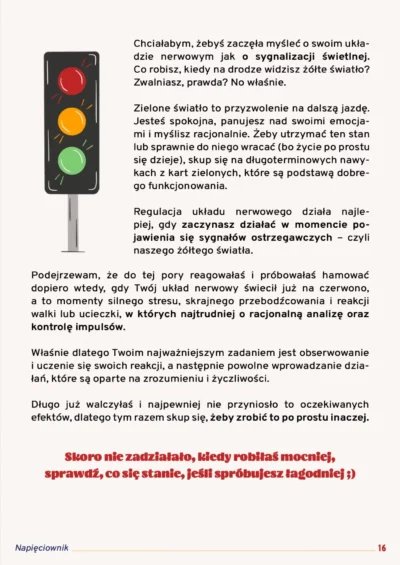 Strona 16 e-booka Napięciownik z ilustracją sygnalizacji świetlnej. Tekst wyjaśnia działanie układu nerwowego za pomocą metafory świateł: zielonego, żółtego i czerwonego.