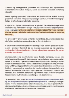 Strona 49 e-booka Napięciownik zawierająca blok tekstu tłumaczący mechanizmy unikania niechcianych doświadczeń oraz fizyczne i psychiczne koszty przewlekłego stresu.