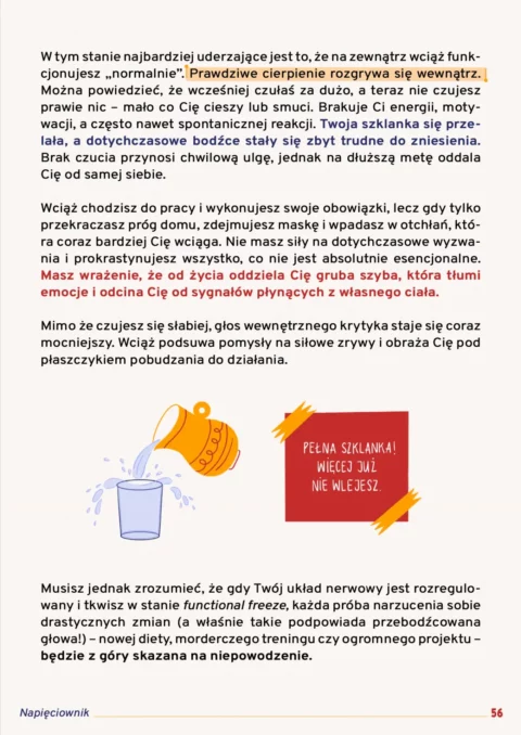Strona 56 e-booka Napięciownik z rysunkiem dzbanka przelewającego wodę do pełnej szklanki. Czerwona naklejka z tekstem głosi: 'Pełna szklanka! Więcej już nie wlejesz', co ilustruje przebodźcowanie.