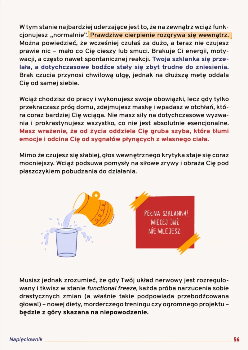 Strona 56 e-booka Napięciownik z rysunkiem dzbanka przelewającego wodę do pełnej szklanki. Czerwona naklejka z tekstem głosi: 'Pełna szklanka! Więcej już nie wlejesz', co ilustruje przebodźcowanie.