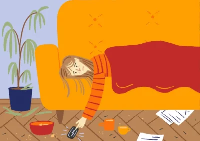 Ilustracja skrajnie wyczerpanej kobiety leżącej w bezruchu na kanapie, z ręką bezwładnie opuszczoną w stronę telefonu na zabałaganionej podłodze.