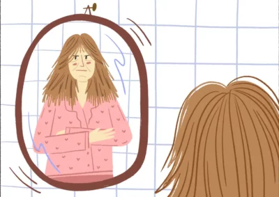 Ilustracja kobiety w piżamie ze skrzyżowanymi rękami, która ze złością i żalem patrzy na swoje zmęczone odbicie w lustrze.