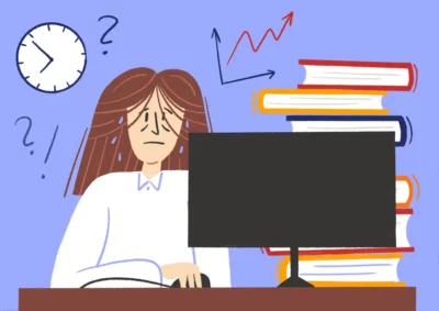 Ilustracja spoconej, przytłoczonej kobiety siedzącej przed monitorem komputera, otoczonej stertami książek, tykającym zegarem i wykresami.