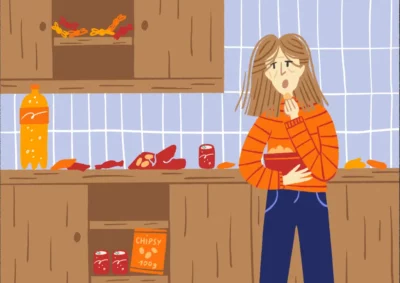 Ilustracja zmęczonej kobiety stojącej w zabałaganionej kuchni, jedzącej chipsy i słodycze prosto z opakowań.